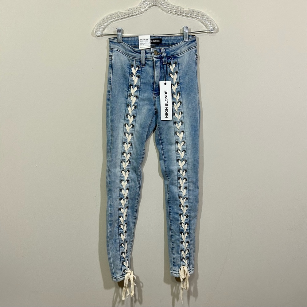 Neon Blonde Tu Jean Everblue Mid Rise Skinny Lace Front Denim NWT Size 25 - Picture 2 of 10